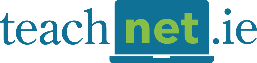 TeachNet.ie logo - the word "net" is stylised in green and surrounded by a graphic representation of a laptop.