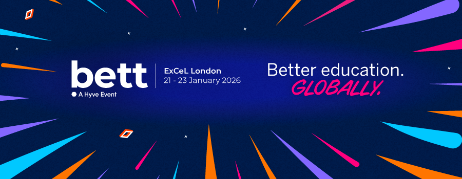Bett education conference banner with Bett logo, ExCeL London, 21–23 January 2026, and the tagline ‘Better education. Globally.’ on a blue background with colorful streaks.