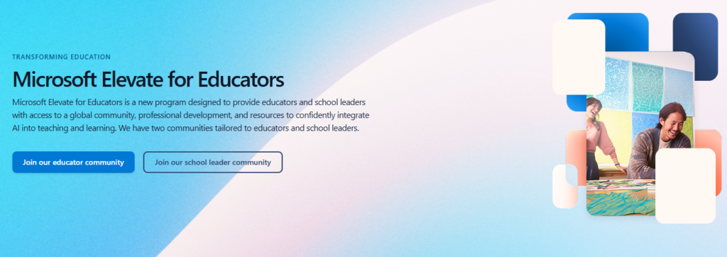 Microsoft Elevate for Educators webpage banner highlighting educator and school leader communities, professional learning, and AI integration in education.