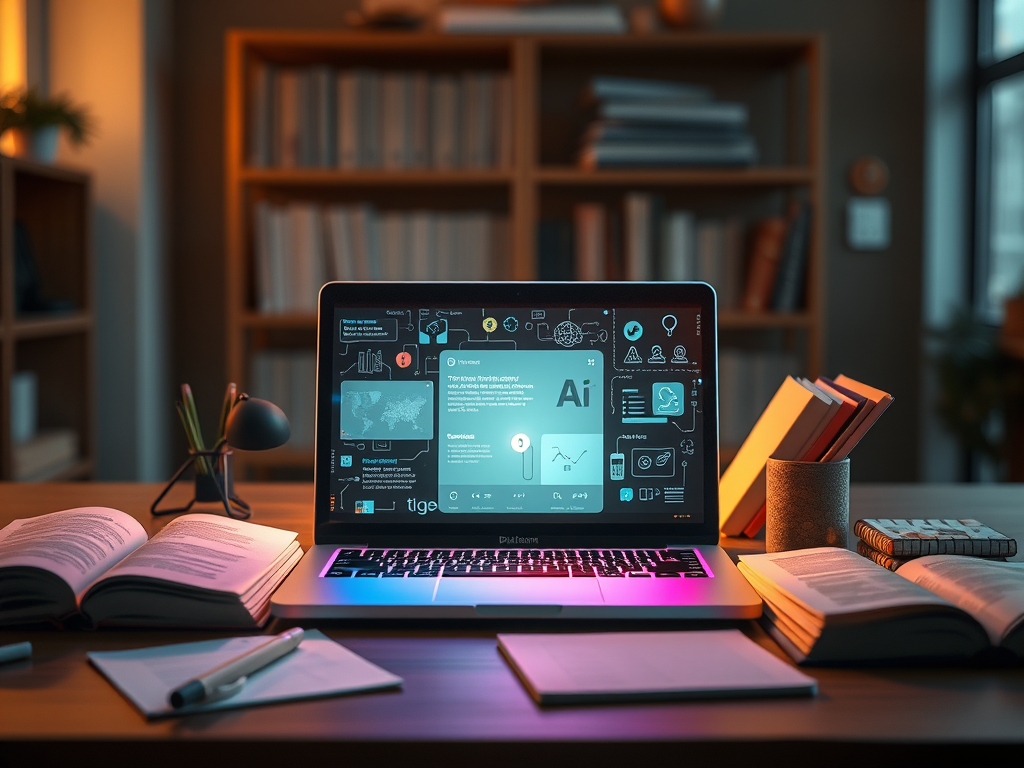 Desk with a laptop showing AI graphics, surrounded by open books in a study setting.