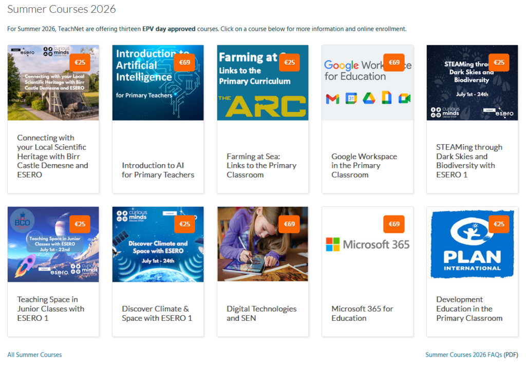 TeachNet Summer Courses 2026 showing EPV‑approved online courses, including AI, STEM, SEN and digital learning.